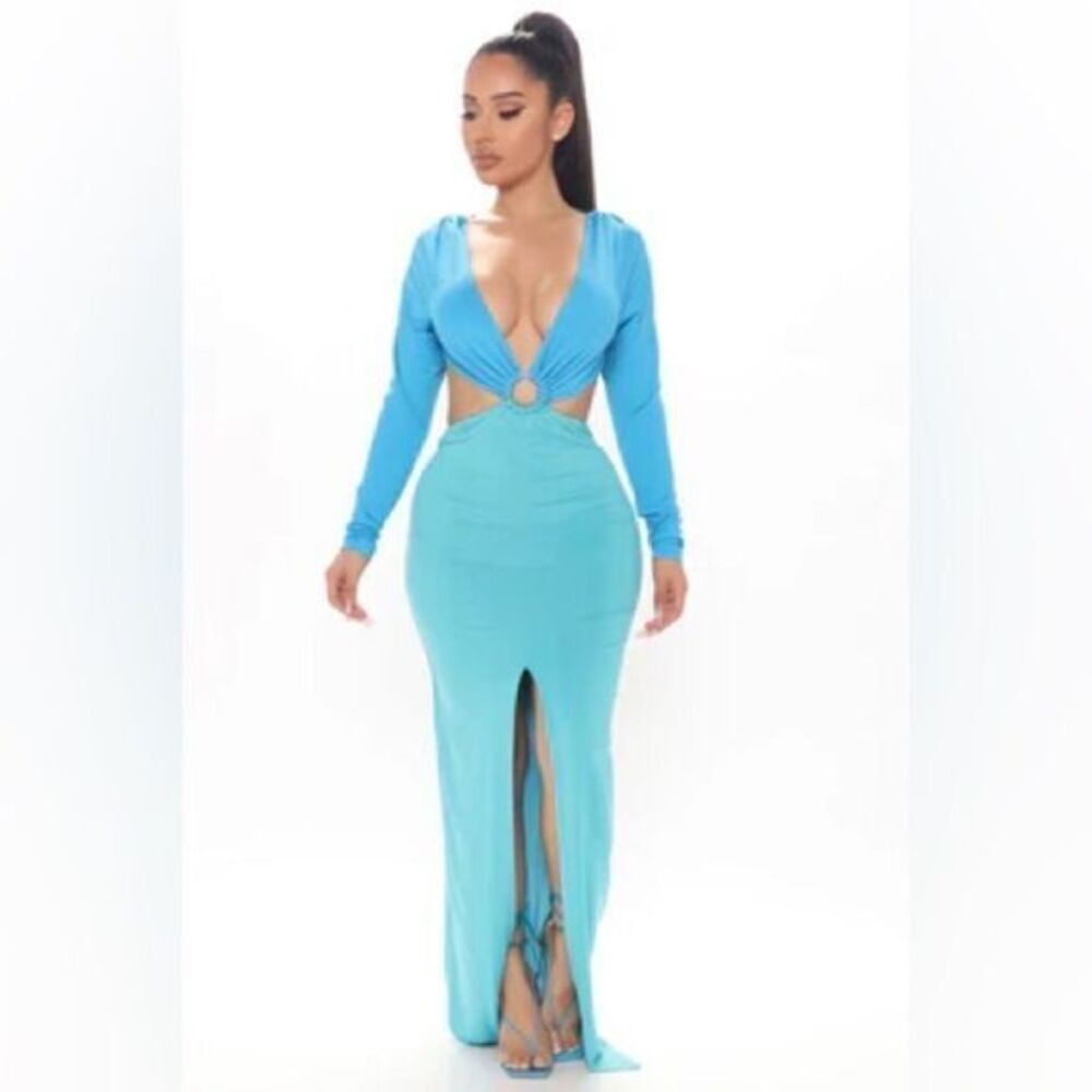 Fashion Nova Blue Bodycon Maxi Dress with Plunge Neckline